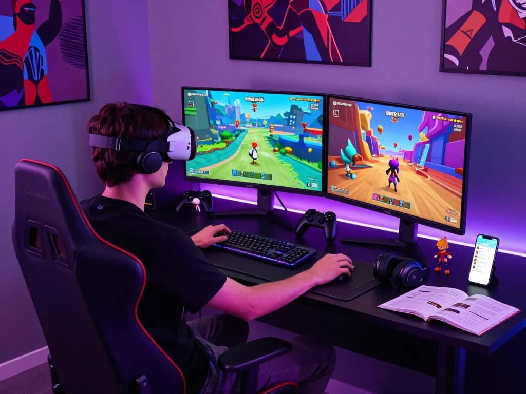 Experience the vibrant KENZO123 platform game with immersive gaming setup and engaging character displays.
