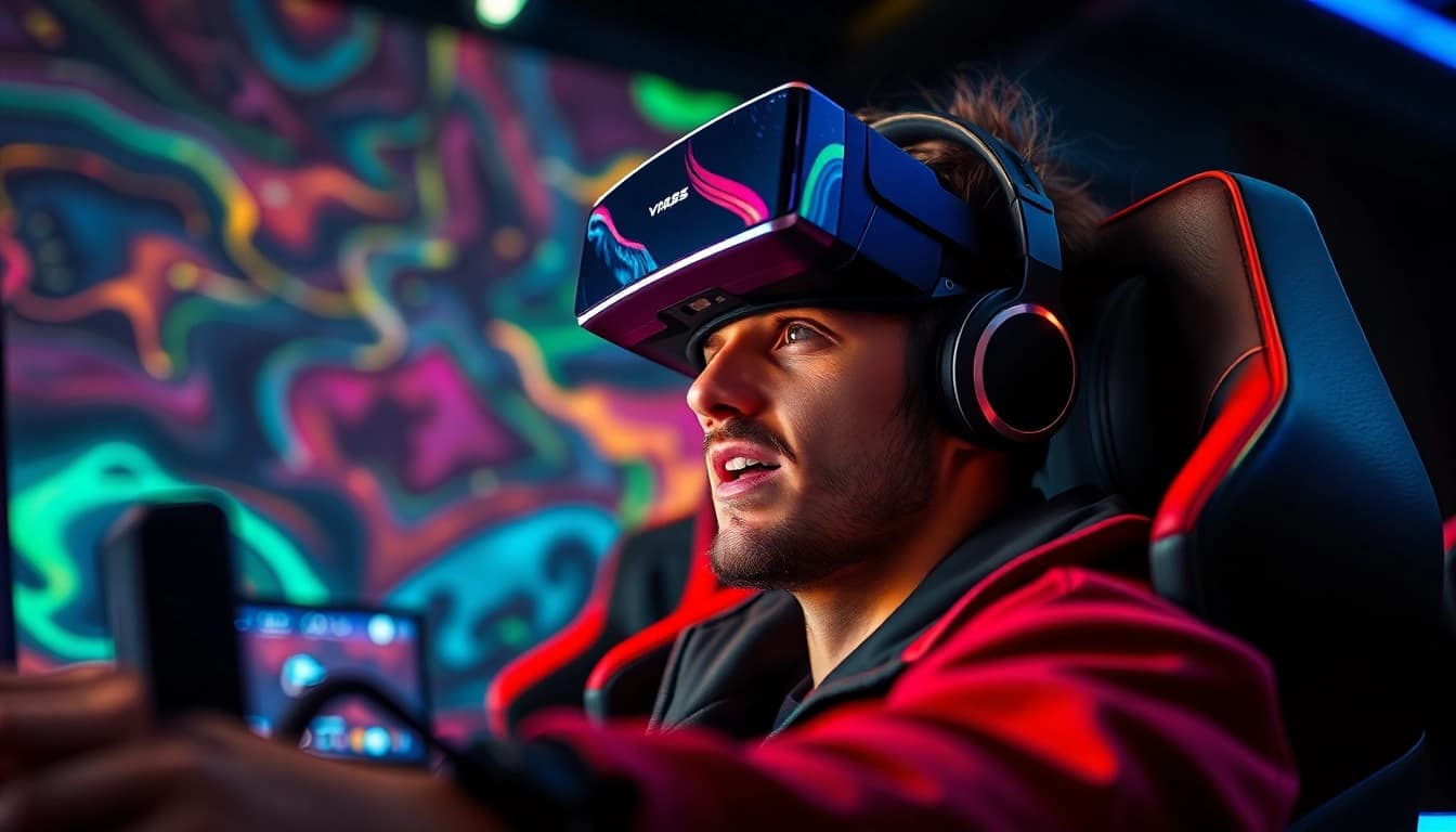 O jogador intensamente focado no jogo higame com tecnologia avançada ao seu redor.