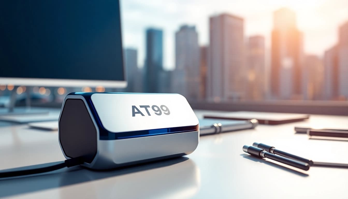 Showcasing the AT99 tech gadget with a modern workspace ambiance.