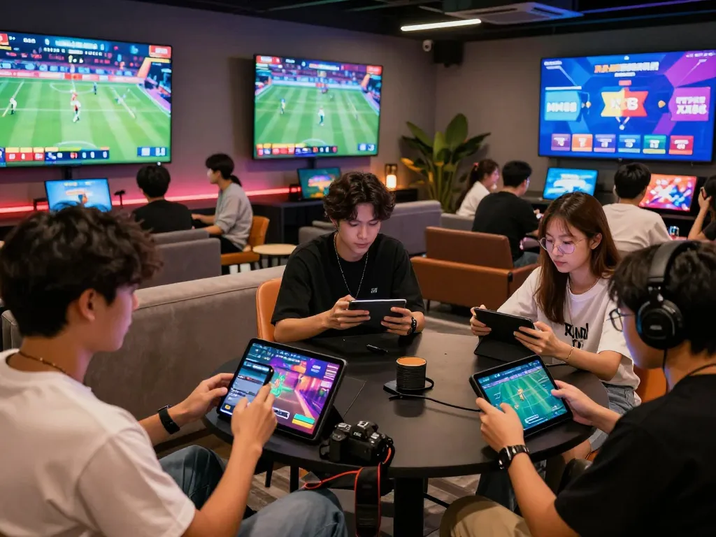 Engaged users in a vibrant KJC onl entertainment hub, showcasing digital gaming platforms and lively atmosphere.