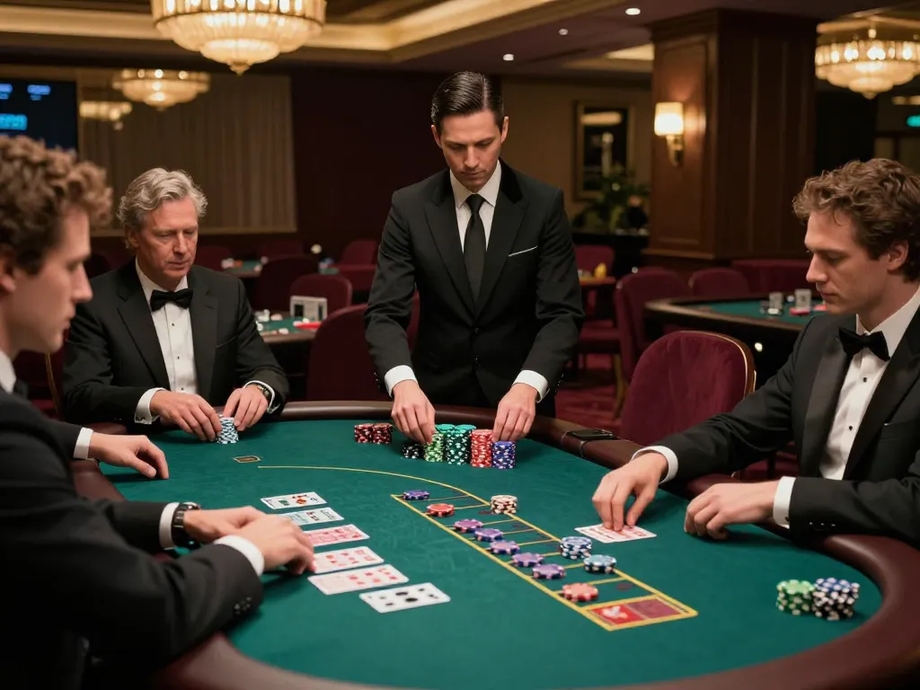 Players at 23winy blackjack table strategizing their bets in a luxury casino setting