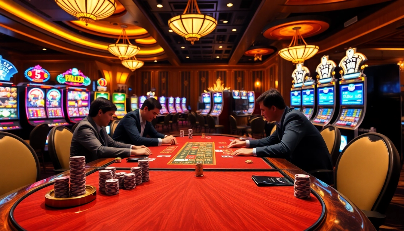 Players strategizing in a vibrant casino scene at G28 gaming tables with poker chips and cards.