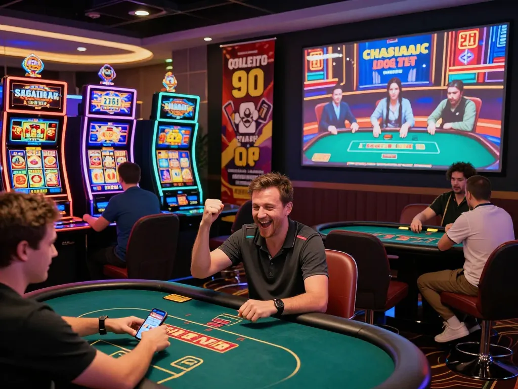 Vibrant online casino scene featuring players engaged at 88aa com, celebrating wins and interacting in a lively gaming atmosphere.