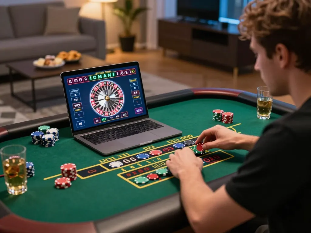 Player engaged in live dealer roulette game on laptop for a thrilling da88 experience.