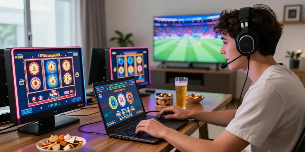 Online gaming session showcasing vibrant casino games on laptop with enthusiastic player and modern home setting, reflecting xx88.