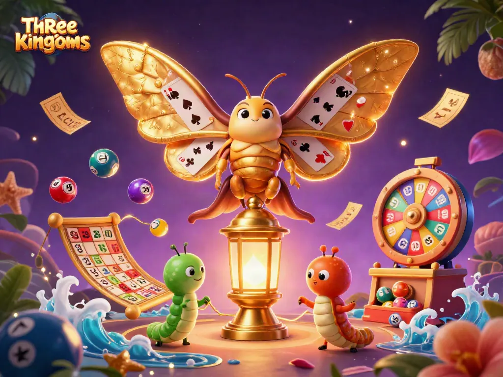 สามก๊กในภาพวาด 3D แสดงถึงความตื่นเต้นของคาสิโนด้วยลูกบอลลอตเตอรี่และการเล่นเกม