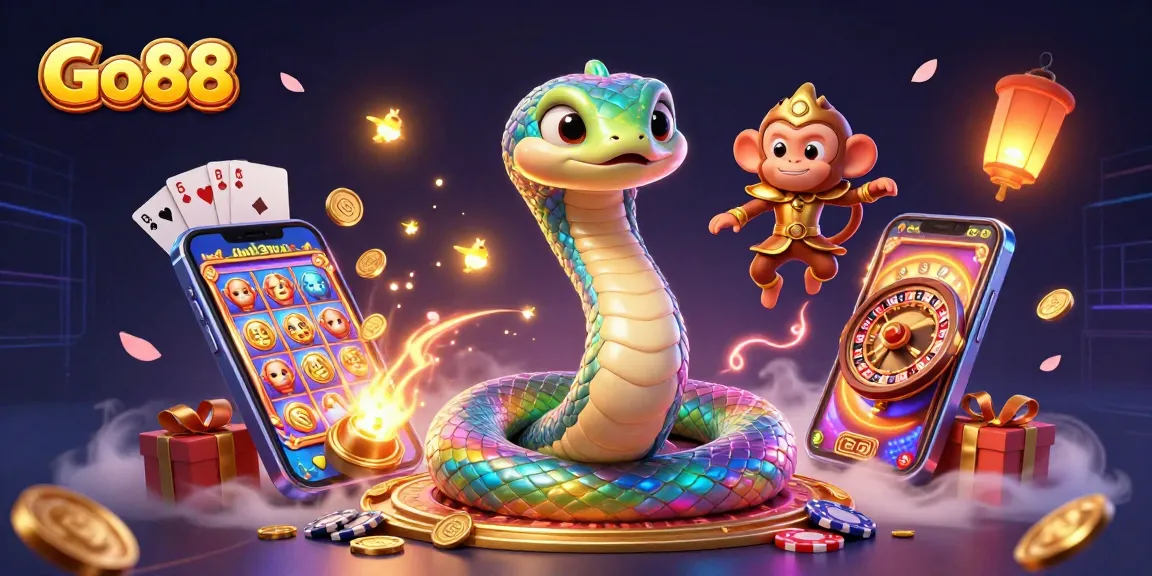 Experience Go88's vibrant online casino world with a dynamic gambling illustration featuring exciting game elements.