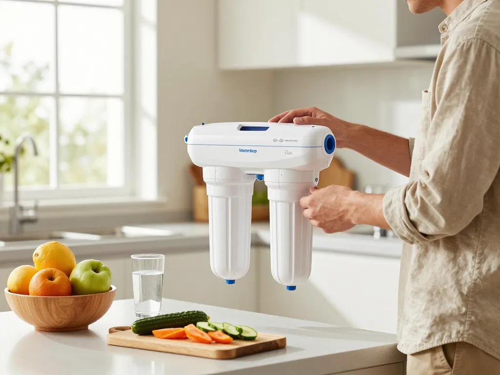 Waterdrop ADQ73613401 Refrigerator Water Filter being installed in a modern kitchen, emphasizing fresh and clean drinking water.