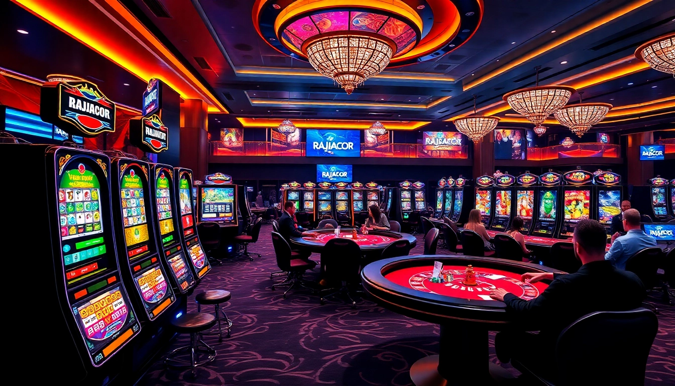RAJAGACOR offers thrilling gameplay at vibrant casino tables showcasing slot machines.