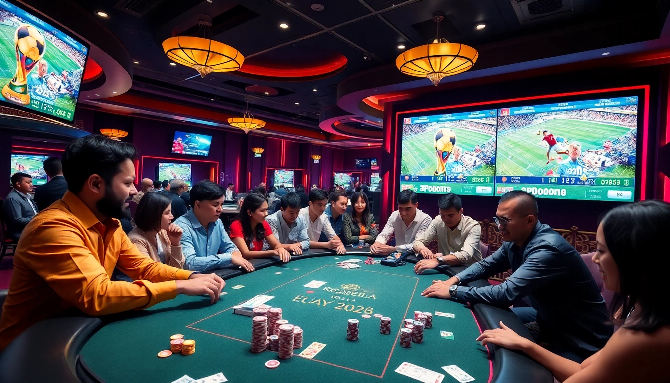 Excited bettors engaging in Taruhan Bola at a luxurious casino, showcasing vibrant sports betting atmosphere.