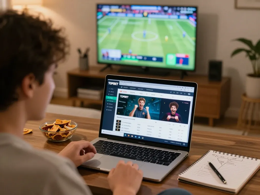 Experience live betting excitement with TOPBET from home, featuring sports highlights and engaged player.
