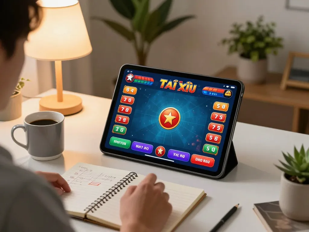 Tài xỉu online gaming session featuring a player engaged with tablet interface and betting strategies
