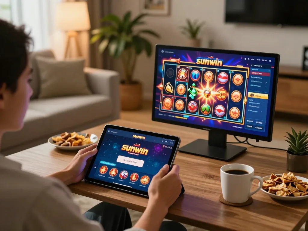 Player engaging with the Sunwin app on a tablet in a cozy living room