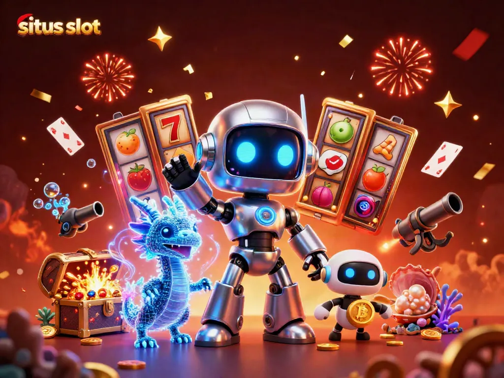 Ilustrasi situs slot menggambarkan robot cyberpunk dengan hologram naga AI dan drone, dikelilingi elemen permainan.