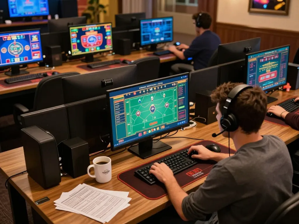 Engaging online gaming experience at lecreusot-hotel setting with a professional player strategically analyzing games.