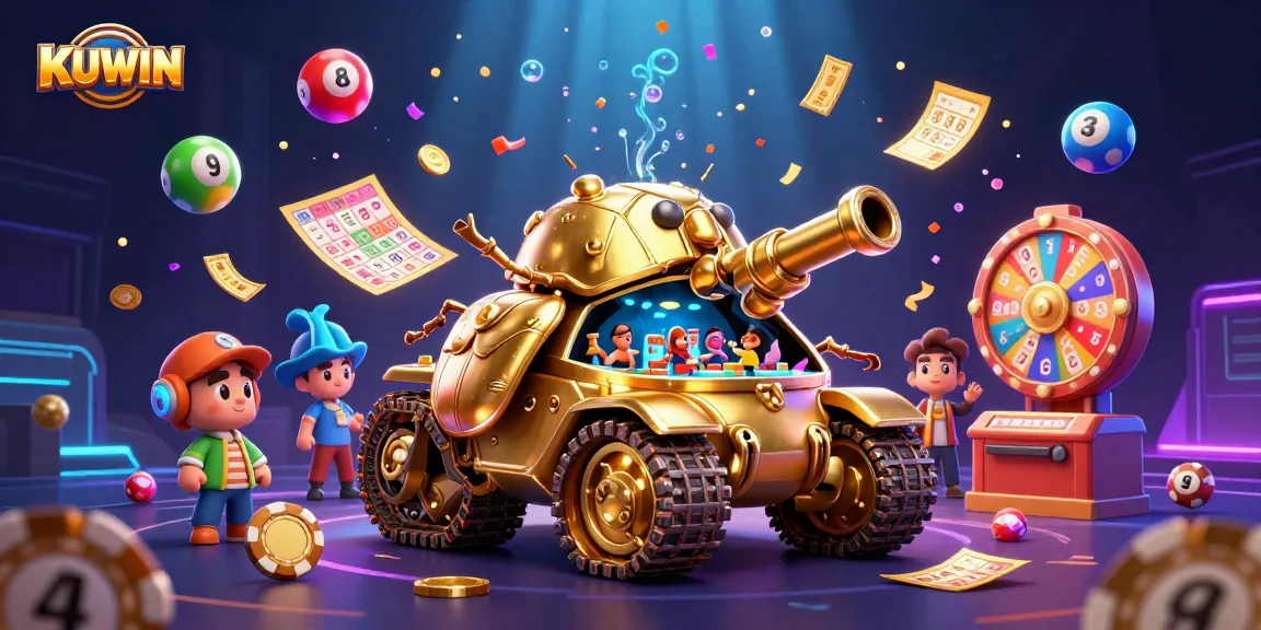 KUWIN's interactive golden beetle tank casino showcases lively gaming elements including lottery balls and golden tickets.