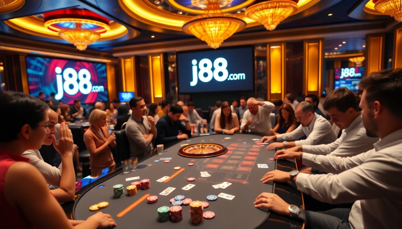 Engaging poker players at j88 com casino table amidst vibrant casino atmosphere.