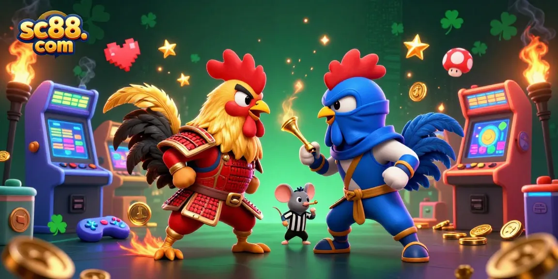 Engage with sc88. com's thrilling cockfighting scene, complete with intense roosters and vibrant gambling elements.