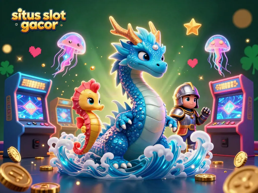Menciptakan situs slot gacor yang mendebarkan dengan karakter naga berair dan ikan kuda, dikelilingi mesin permainan 3D berwarna-warni.
