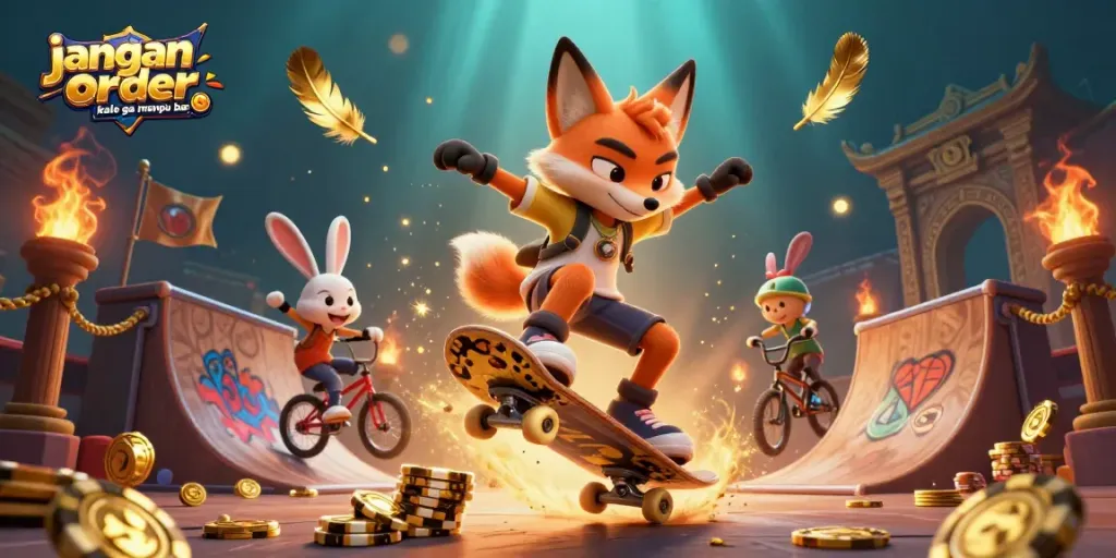 Engaging scene featuring cartoon characters on a casino-themed adventure, emphasizing jangan order kalo ga mampu bayar.. with vibrant visuals.