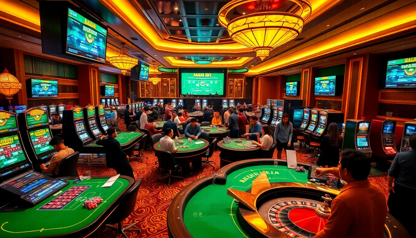 Engaging Taruhan Bola atmosphere in a luxurious casino with gamblers at tables.