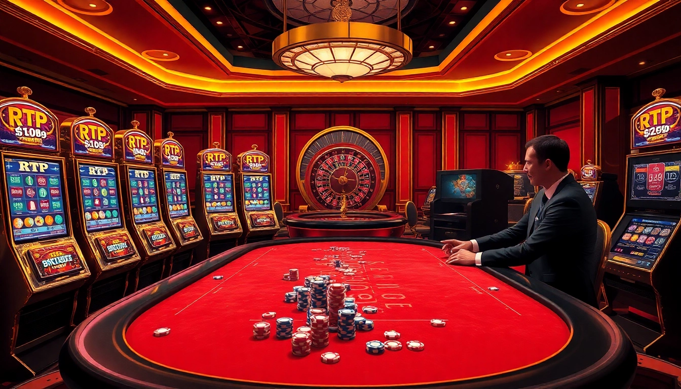 Strategically play RTP Slot Live games at an elegant casino with vibrant slot machines and engaged players.