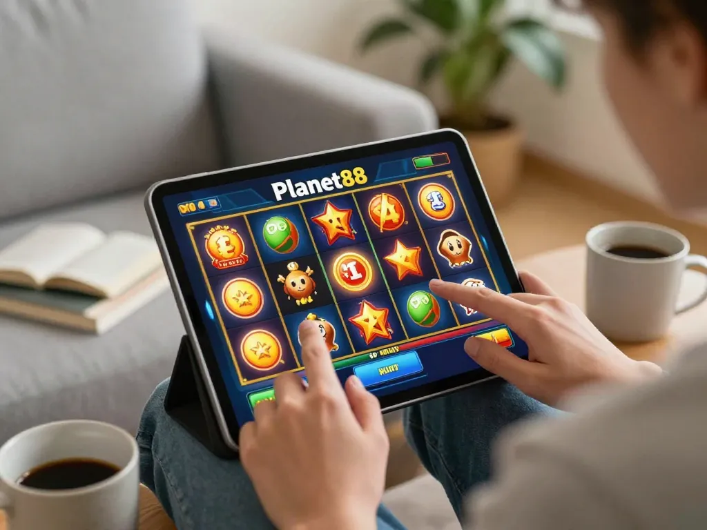 Engaging with the planet88 slot on a tablet in a cozy home setting, showcasing vibrant screen action