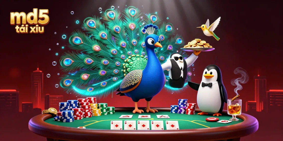 Experience the thrill of md5 tài xỉu at a vibrant casino scene with colorful poker elements and lively characters.