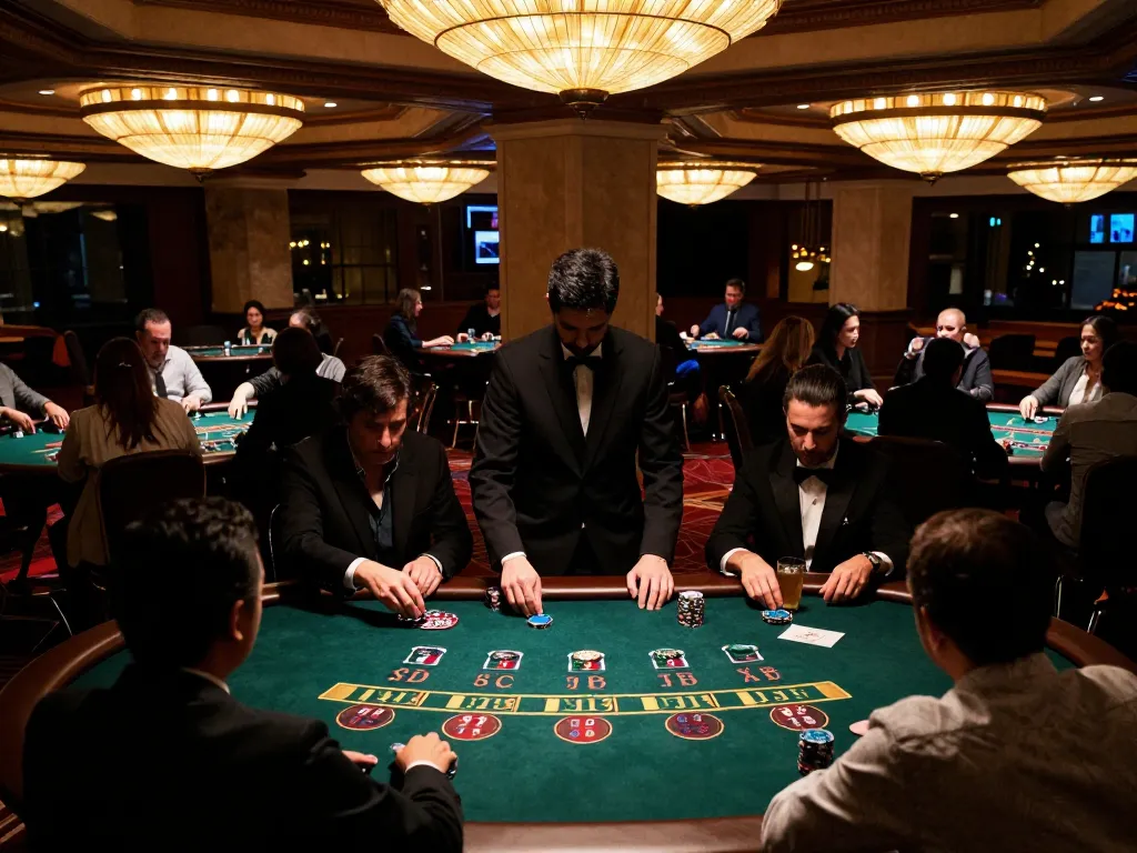 Players examining ty le keo nha cai at an upscale casino blackjack table, with rich decor and warm lighting