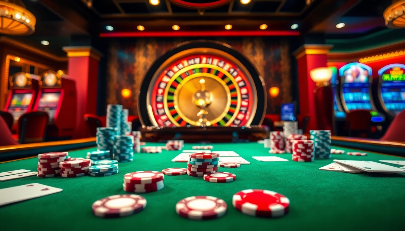 Thrilling casino atmosphere at https://thabet1.net/ with poker chips and a roulette wheel.