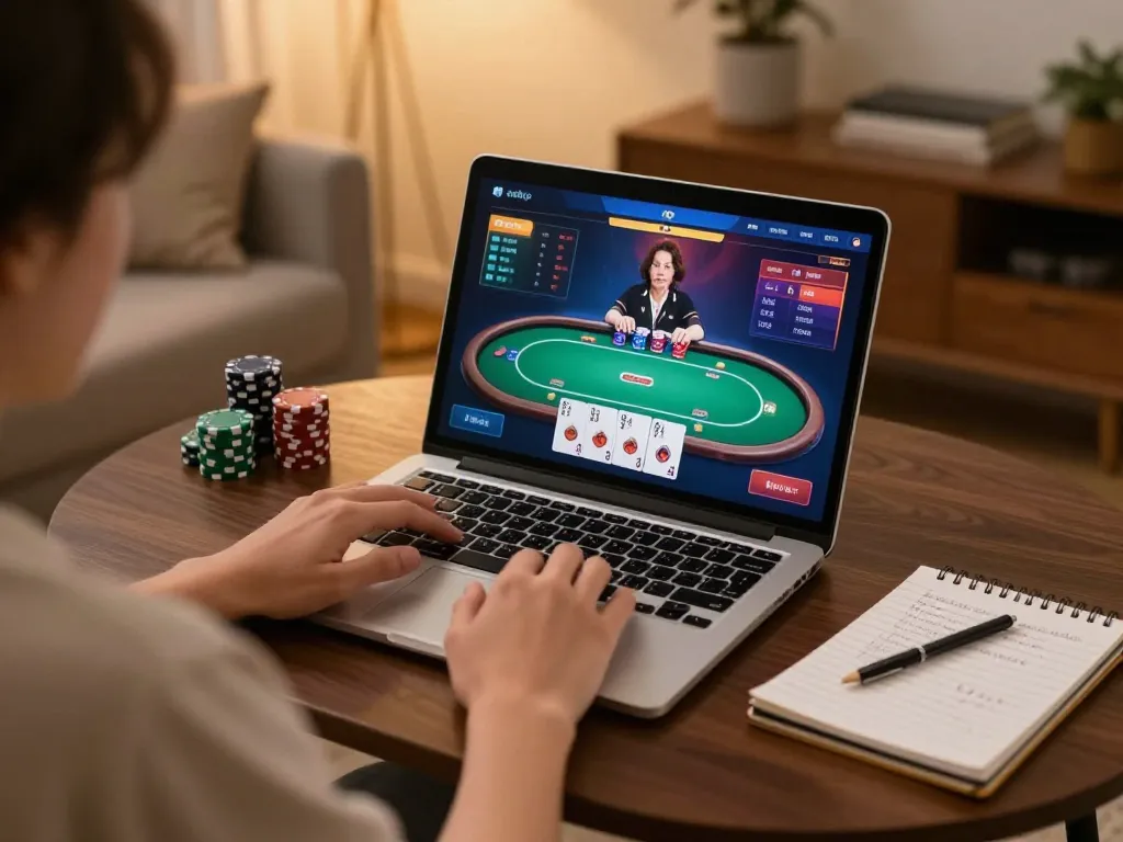 Engaging online gaming session on rikvip with a player using a laptop at home, showcasing poker gameplay.