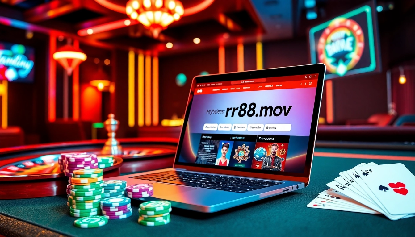 Engaging online gambling scene reflecting activities at https://rr88.mov/ with poker chips and cards.