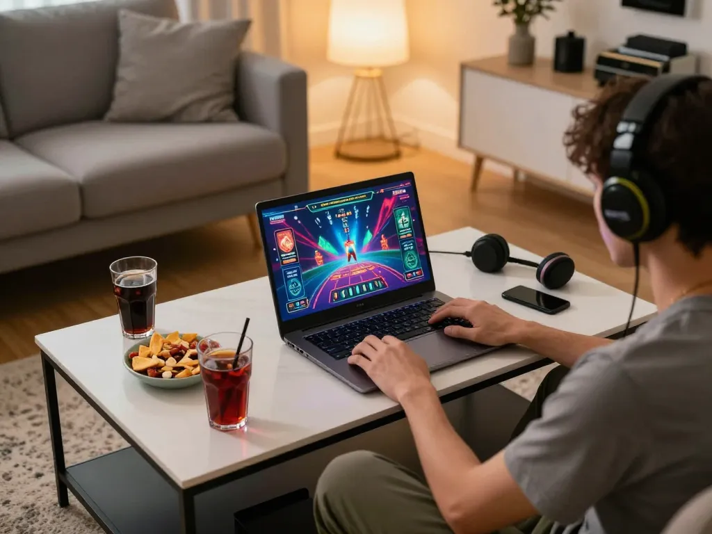 Playing game go8 in a cozy home setup with vibrant digital casino graphics on the screen