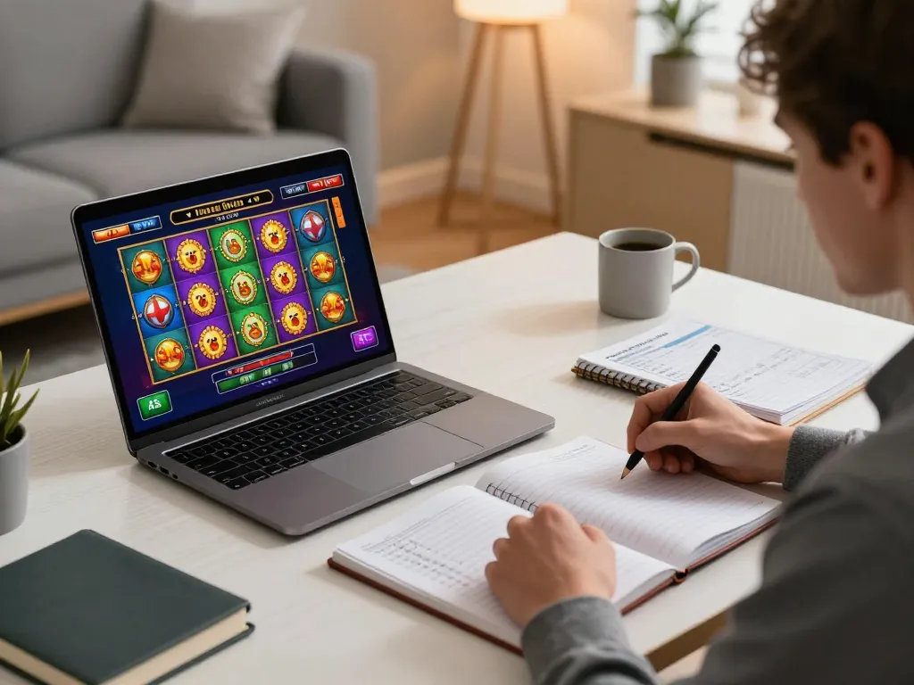KUBET player enjoying a colorful slot game on a laptop while tracking strategy notes.