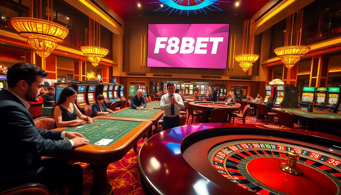 Exciting F8BET casino experience with poker tables, roulette wheel, and vibrant slot machines.