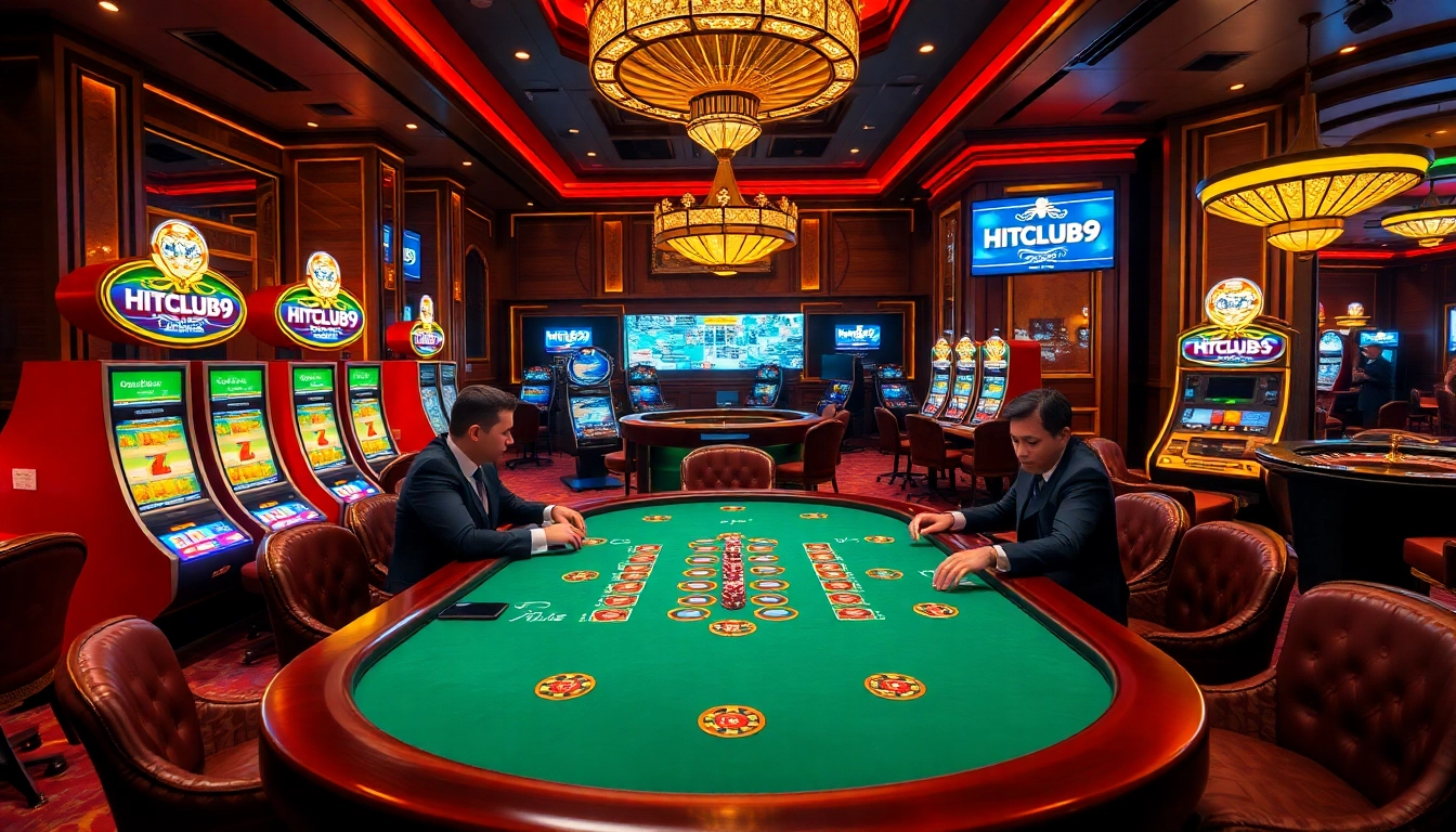 Experience thrilling gameplay at Hitclub9 with a luxurious casino environment featuring high-stakes poker and vibrant slot machines.