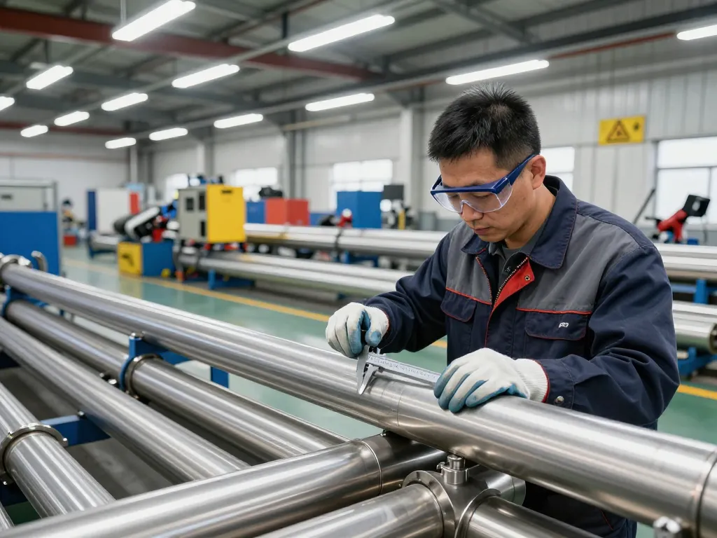 Skilled technician at Sumwin inspecting stainless steel pipes for quality and precision in an industrial setting.