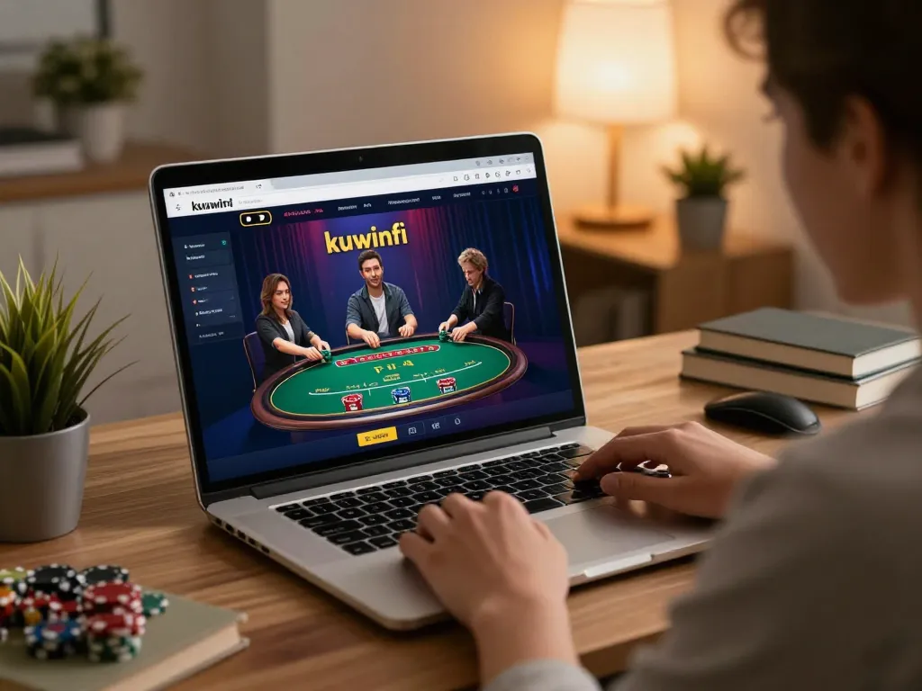 Player engaging in a live dealer game on kuwinfi's online casino platform in a cozy home setting.