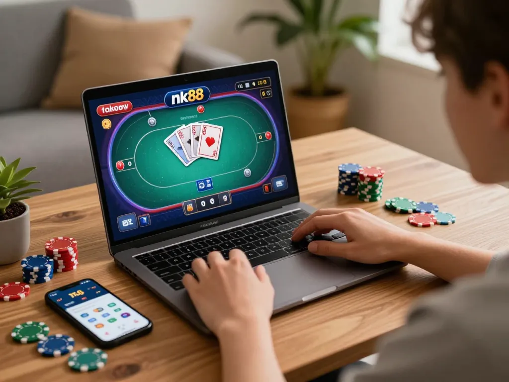Engaged player enjoying the nk88 game on a laptop, showcasing dynamic poker action and strategic gameplay.