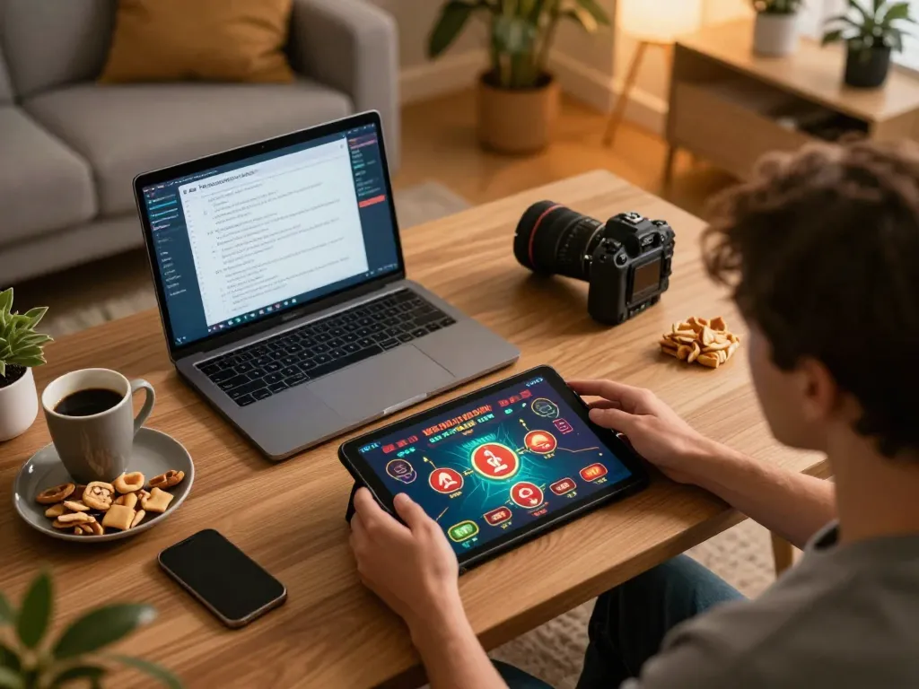 Enjoying online gaming at Free No Deposit Casinos with strategic notes in cozy living room