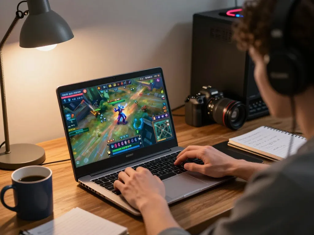 Pemain menikmati pengalaman bermain KENZO123 di laptop, dengan grafis yang hidup dan catatan strategis di samping