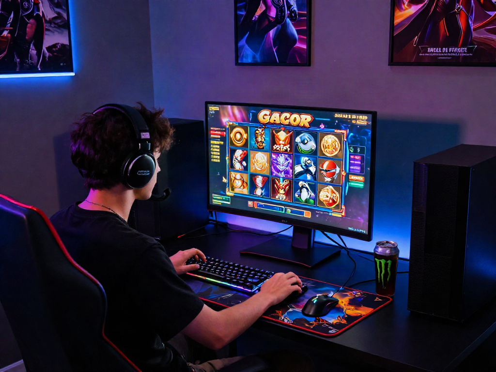 Player engaging with vivid slot gacor game graphics on a high-res monitor, energy drink on gaming desk.