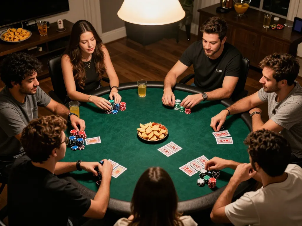 Players enjoy an engaging poker night at home, showcasing the thrilling atmosphere of nhà cái xx88.