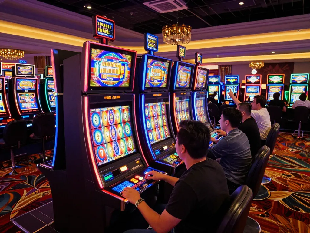 Players enjoying gg88 slot machines celebrating a big win in a vibrant casino