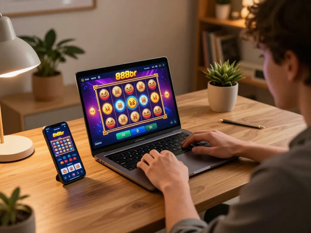 Engaged player using one88br casino app on laptop and smartphone in a cozy home setup