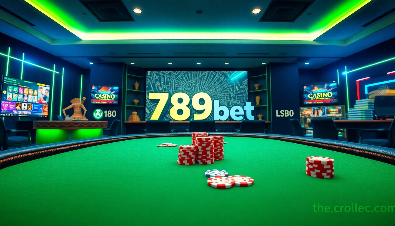 Dynamic scene showcasing 789bet online gaming with poker table and casino elements, inviting atmosphere and user-friendly interface.