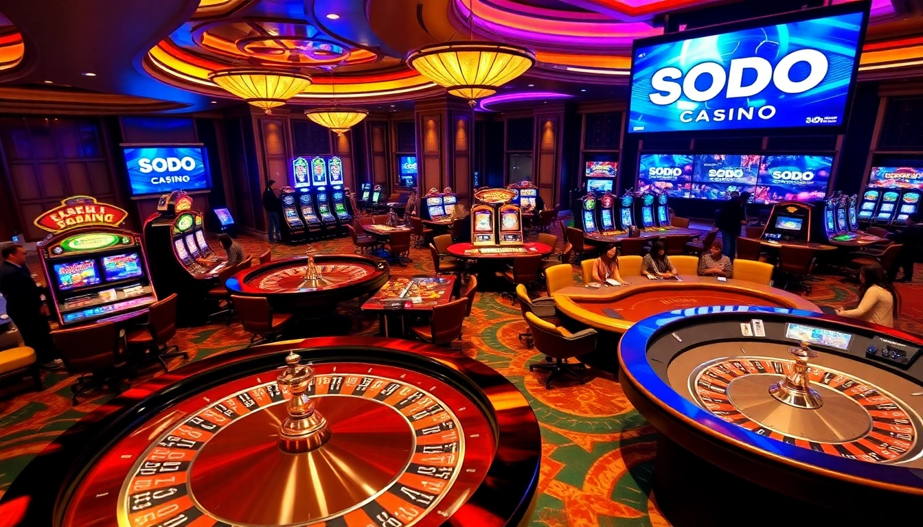 Experience excitement at SODO CASINO with vibrant tables, players, and slot machines.