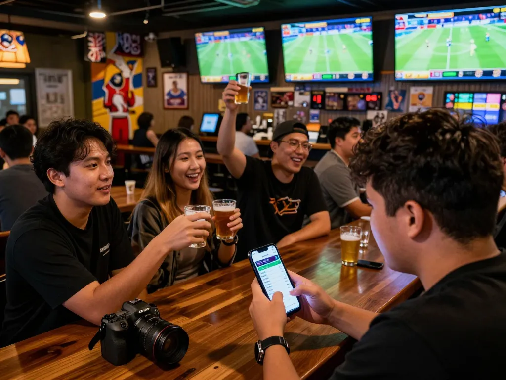 Engaged sports bettors analyzing ty le keo nha cai odds on mobile app amidst lively bar atmosphere