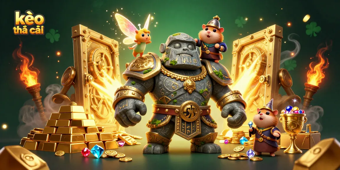 Experience the thrill of kèo nhà cái with a magical scene featuring a golem, fairy, and hamster knight amidst treasure and sparkle.