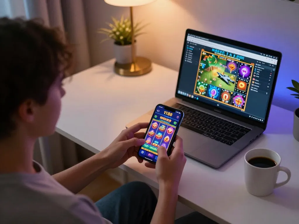 Playing f168 on a smartphone showing vibrant slot graphics in a cozy gaming setup.